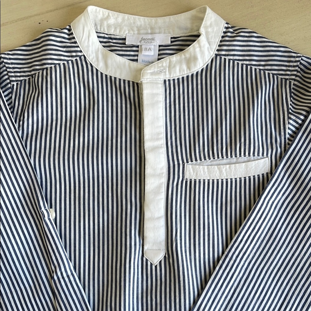 JACADI White and Blue Striped Shirt with Stand-Up Collar
